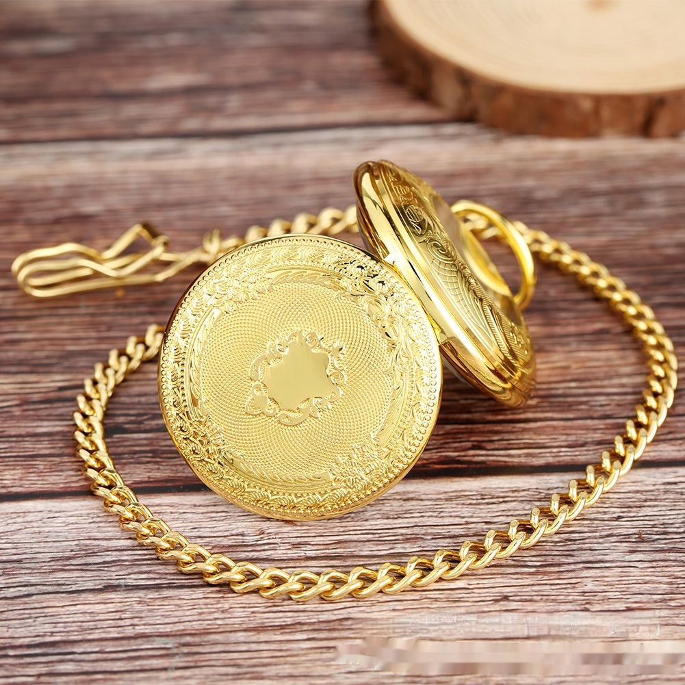 Flip Necklace Gold Double-sided Carved Shield Manual Manipulator Pocket Watch - globaltradeleader