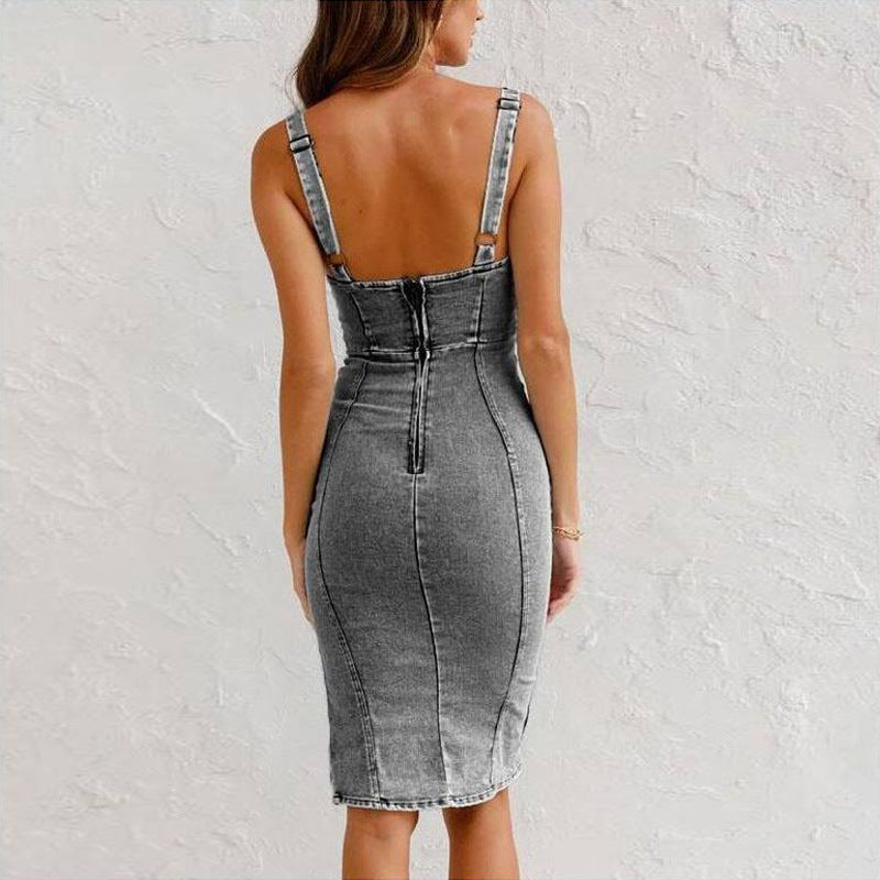 New U-neck Suspender Denim Dress Summer Casual Tight Slim Fit Dresses With Slit Design Womens Clothing - globaltradeleader