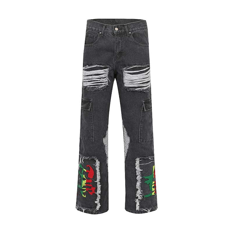 Men's Fashion Vintage Ragged Burlap Letter Embroidered Jeans