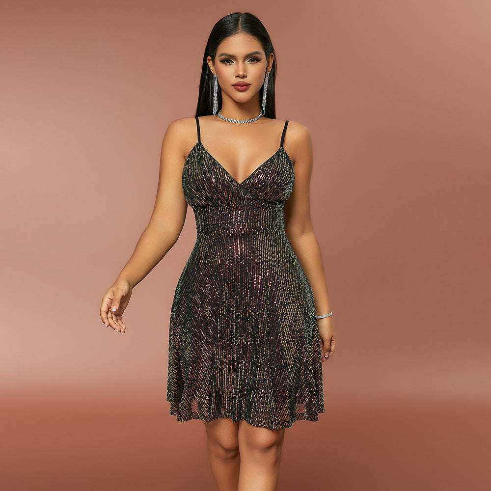 Autumn And Winter Women's Sexy Gorgeous Sequined Dress Pleated Cross Strap Vacation Style Dress