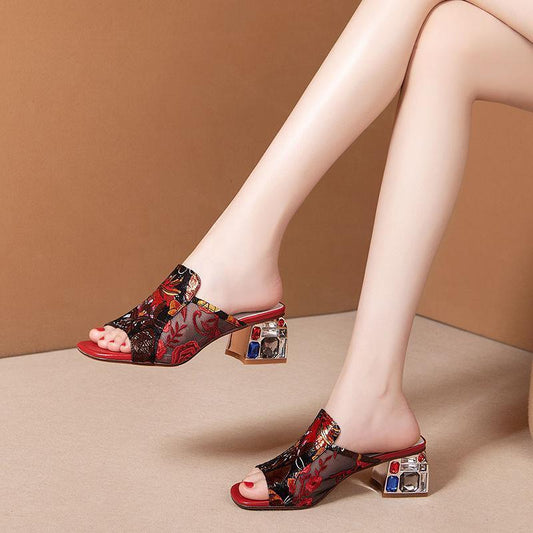 Ethnic Wind Rhinestone Mid-heel Mesh Slippers - globaltradeleader