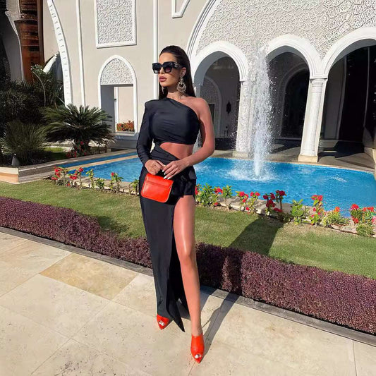 Women's Long Sleeved Hollow Slit Elastic Sloping Shoulder Dress - globaltradeleader