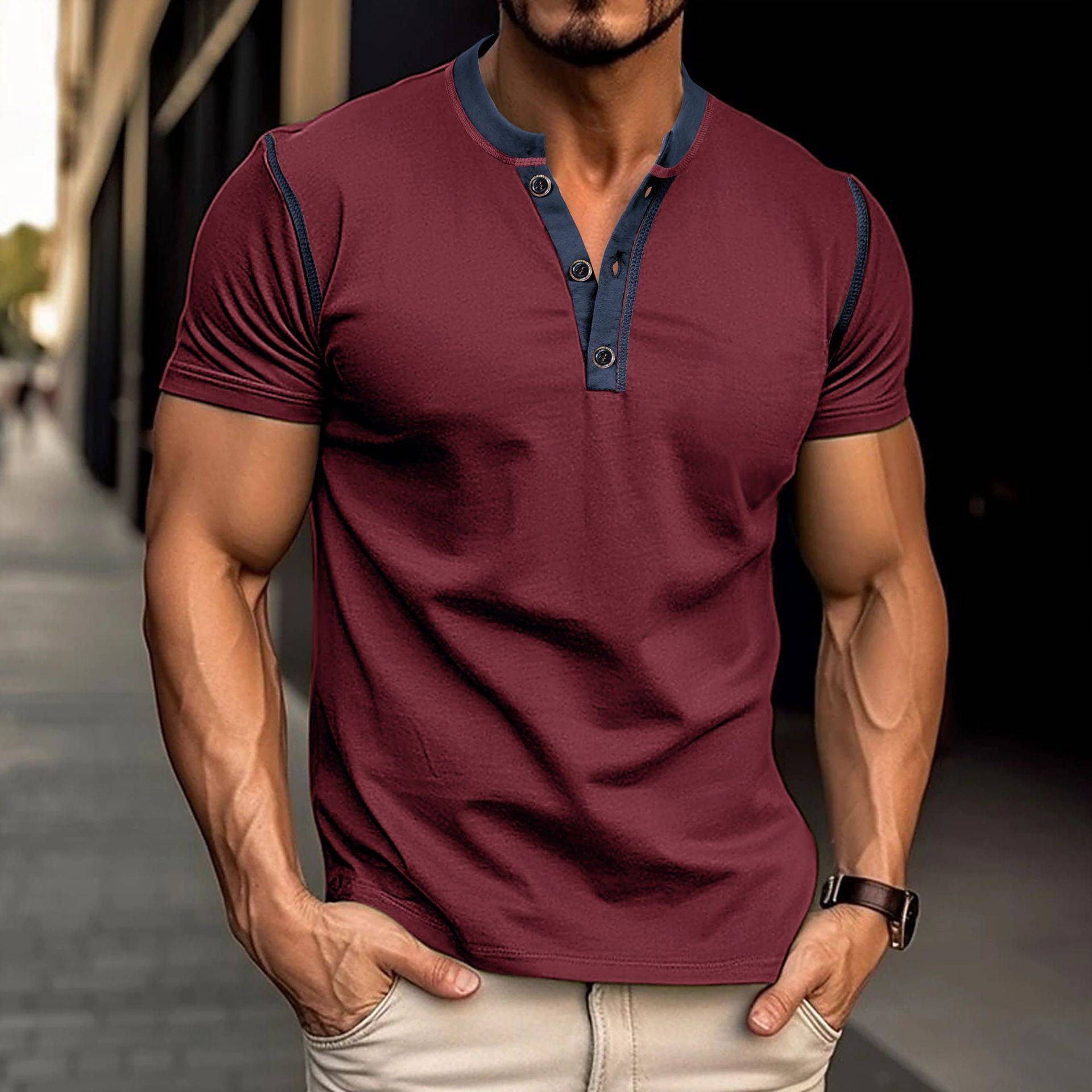 Fashion Short-sleeved Polo Shirt Summer Button V-neck T-shirt Tops Mens Clothing - globaltradeleader