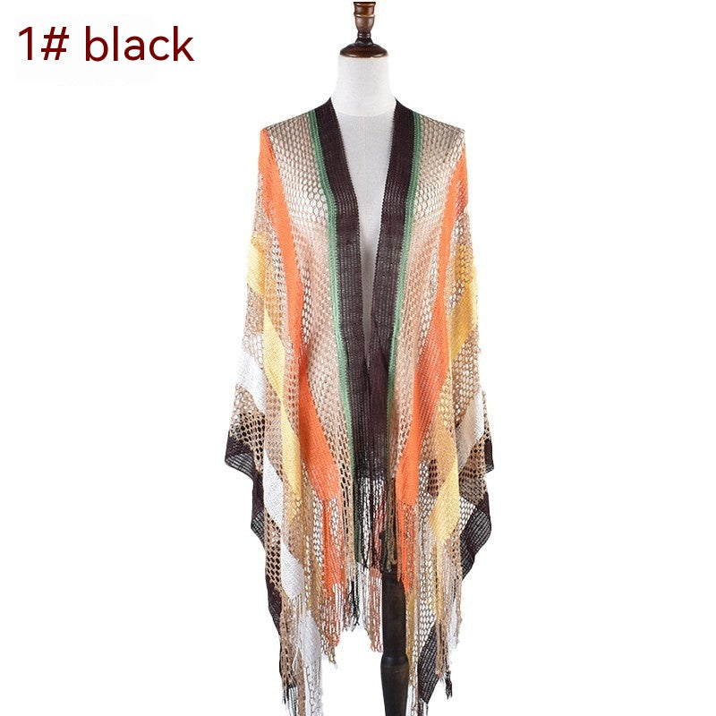 New Korean Style Cutout Long Silk Color Striped Knitted Sunscreen Shawl Thin