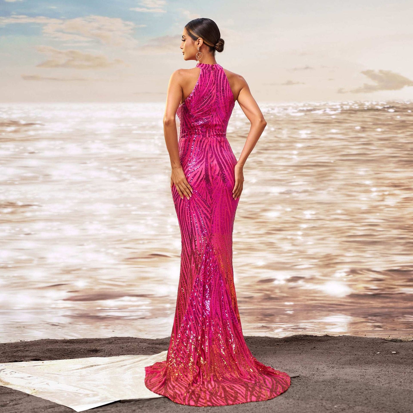 Round Neck Off-the-shoulder Slim-fit Sheath Sequined Banquet Fishtail Evening Dress - globaltradeleader