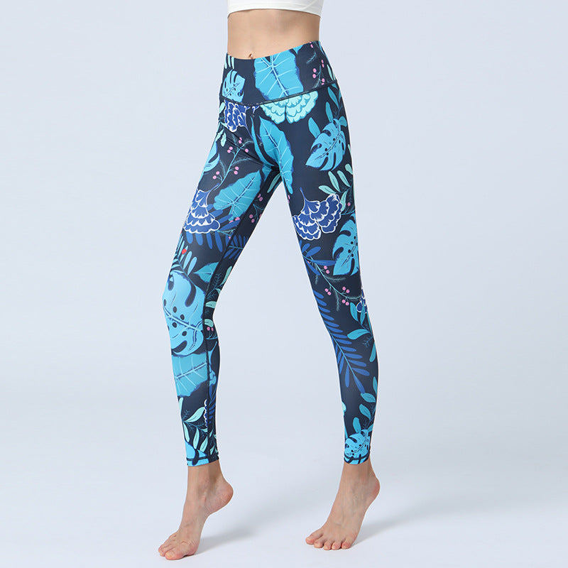 Fashion Leaves Printed Yoga Pants Women's High Waist Hip Lifting Sports Fitness Leggings - globaltradeleader