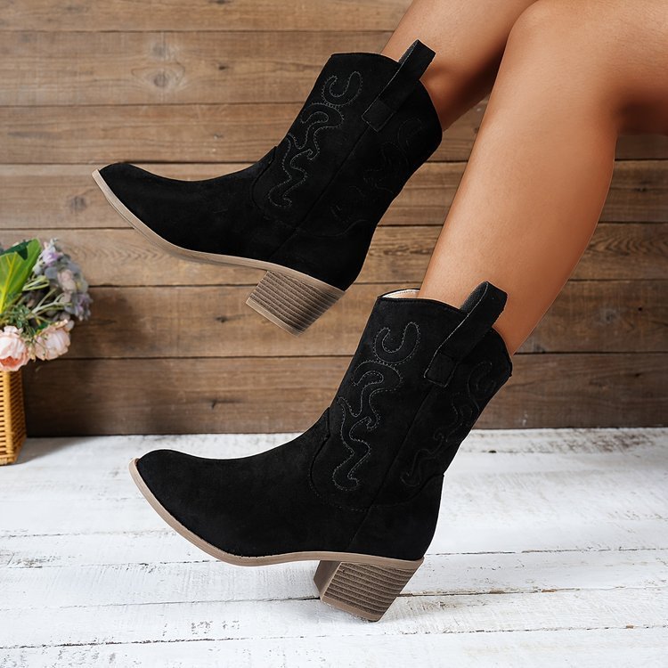 Plus Size Square Heel Round Head V Cut Women's Mid Boots - globaltradeleader