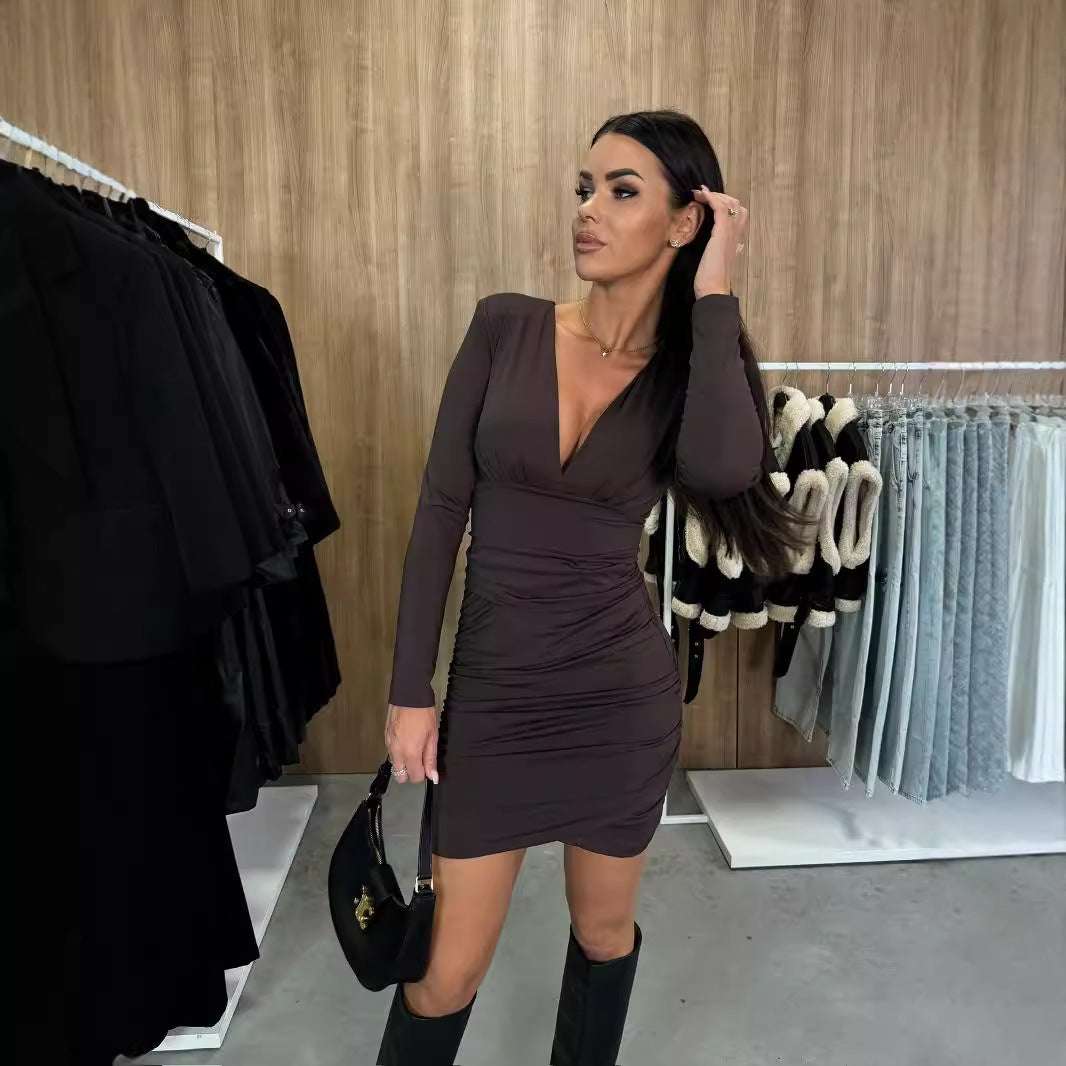 Fall V-neck Sexy Pleated Short Skirt High Waist Sheath Dress Women - globaltradeleader