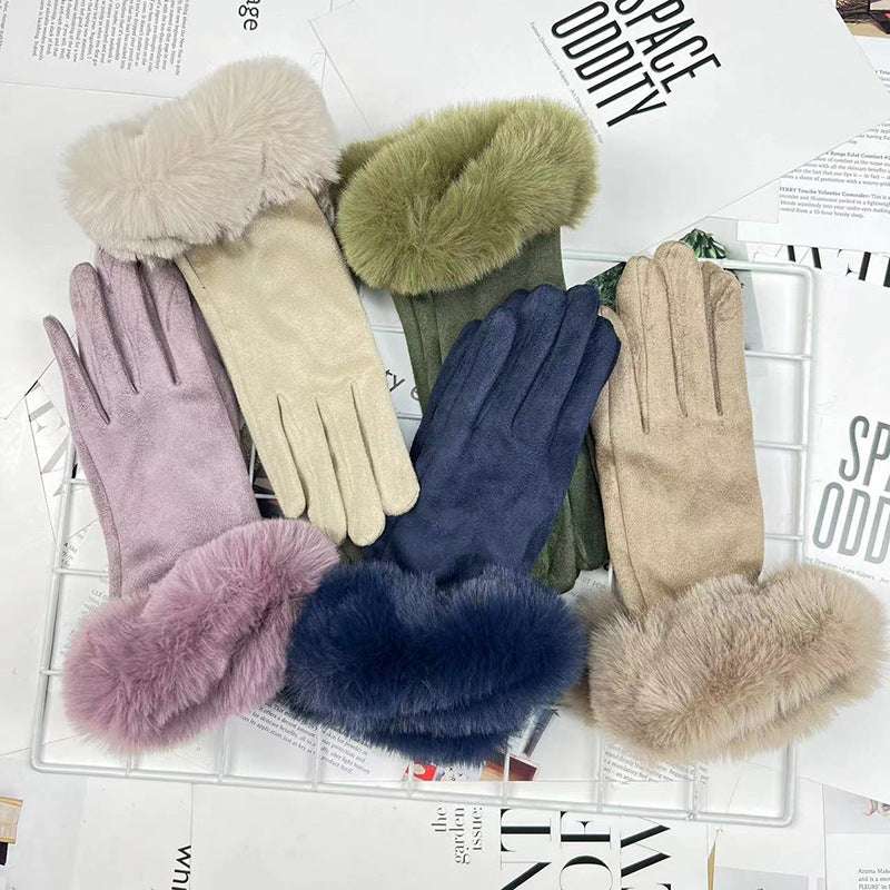 Warm Women's Fur Mouth Winter Riding Fleece-lined Finger Gloves Battery Car Thickened - globaltradeleader