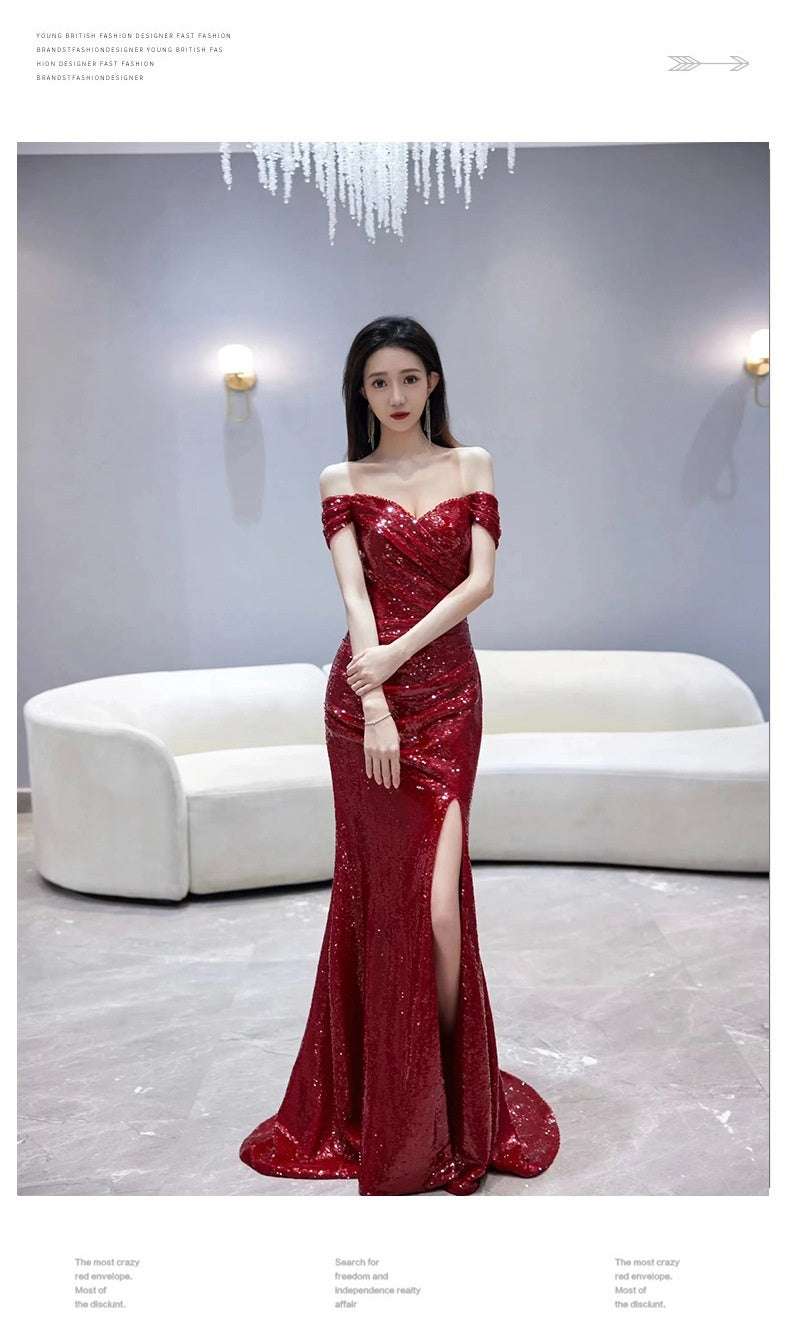 Fishtail Toast Dress Bride Wine Red Split Engagement Dress - globaltradeleader