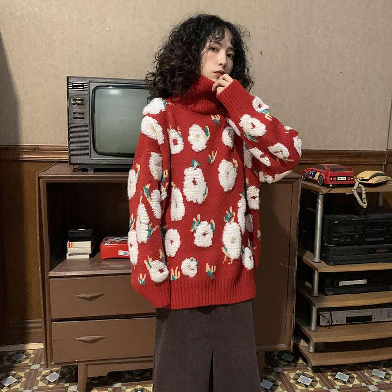 Women's High Neck Long Sleeve Christmas Knitted Pullover Sweater - globaltradeleader