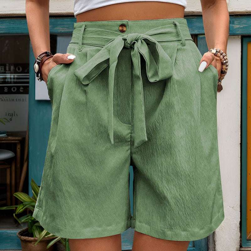 Women's Simple Casual Lace Up Elastic Waist Solid Color Shorts - globaltradeleader