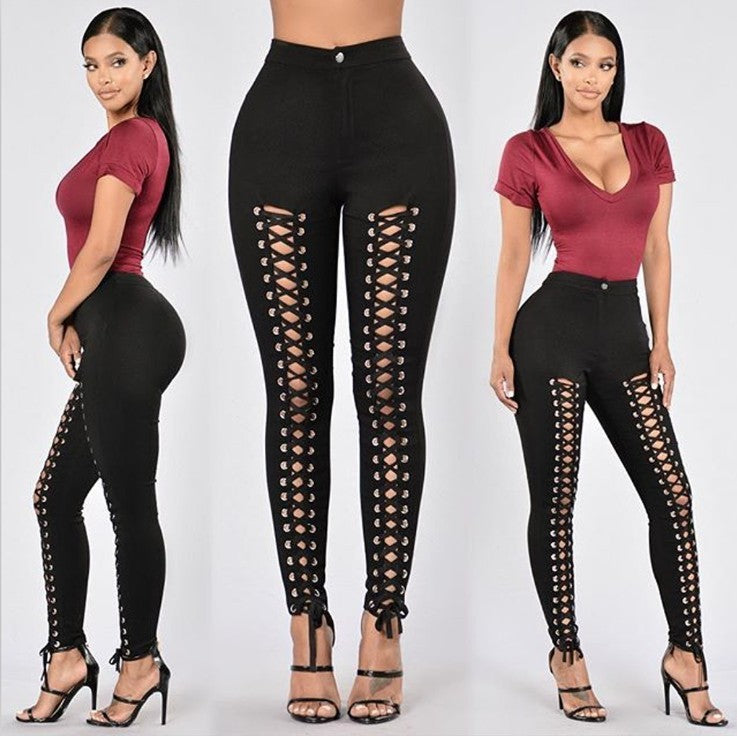 Sexy Solid Color Double-rowed Eyelet Slim Leggings - globaltradeleader