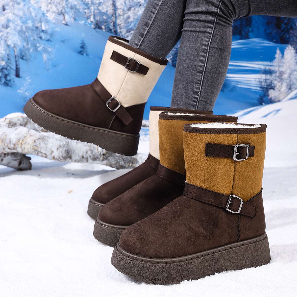 Round Toe Fashionable And Comfortable Furry Slip-on Snow Boots For Women - globaltradeleader
