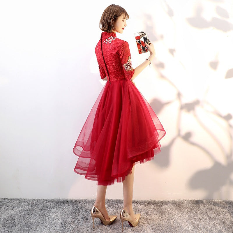 Chinese Toast Gown Bride's New Short Front And Long Back Modern Slimming Chinese Style Evening Dress