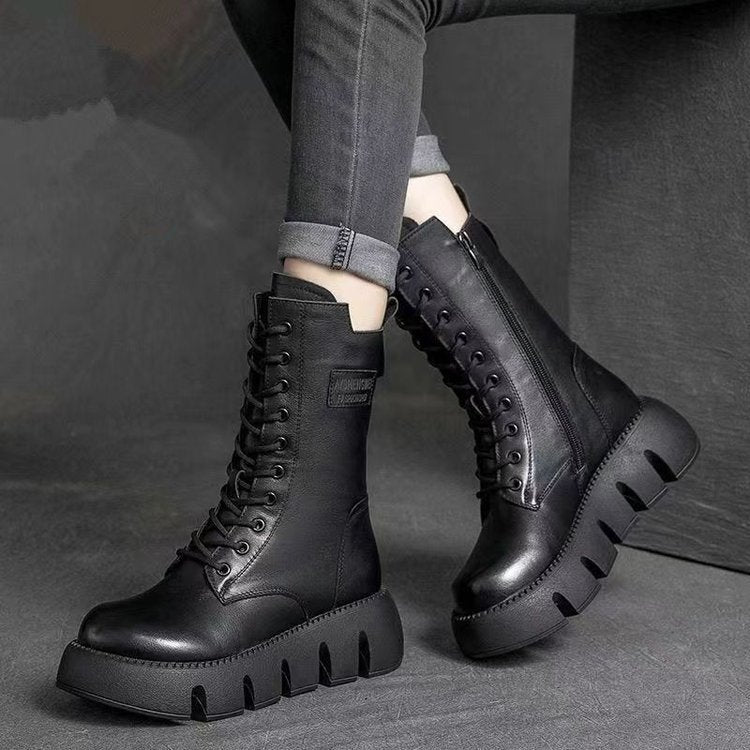 Retro Boots For Women Lace-up Shoes Autumn And Winter Versatile High Top Buckle British Boots - globaltradeleader