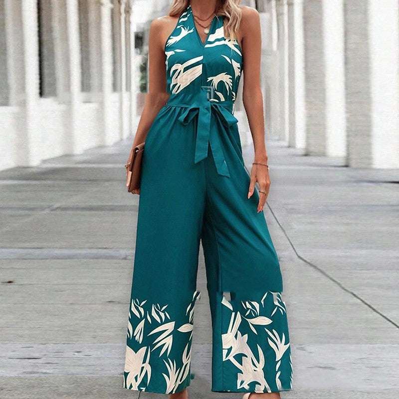 Printing Series Belt Halter Backless Jumpsuit For Women - globaltradeleader