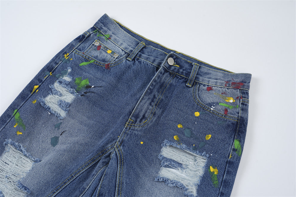 Ripped Paint Wide-leg Denim Trousers For Men