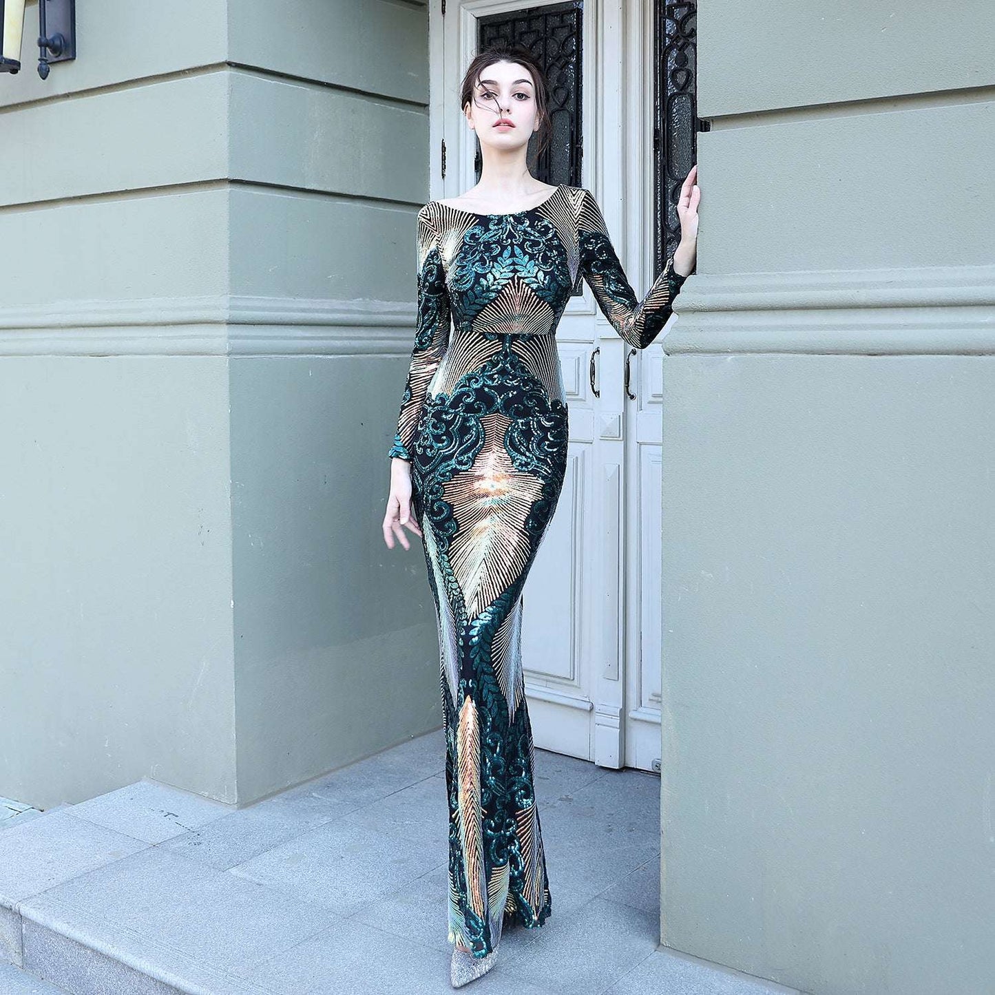 Fashion Stitching Mopping Long Sequin Dress