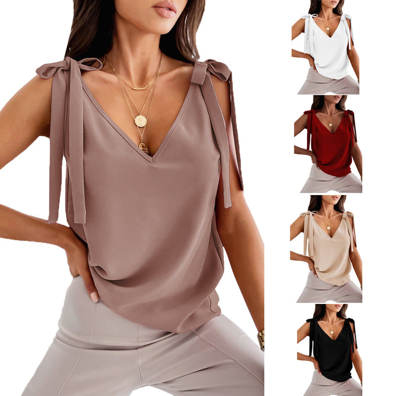 Bowknot Tie Up Camisole V-neck Shirts Women Summer Sleeveless Tank Tops - globaltradeleader