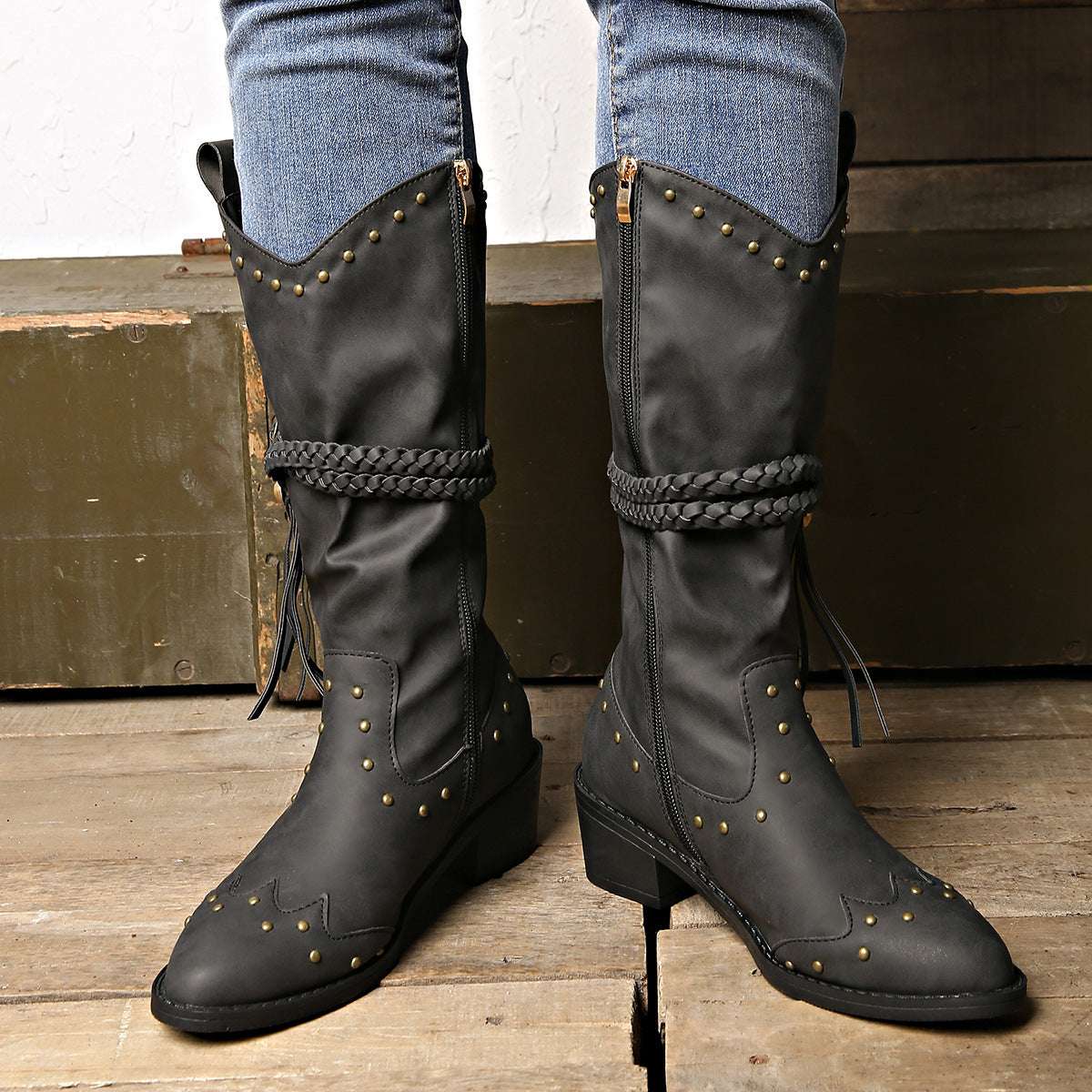 Retro Tassel Boots With Braided Rope Strap Buckle Design Shoes Winter Footwear New Mid-calf Knight Western Boots For Women - globaltradeleader