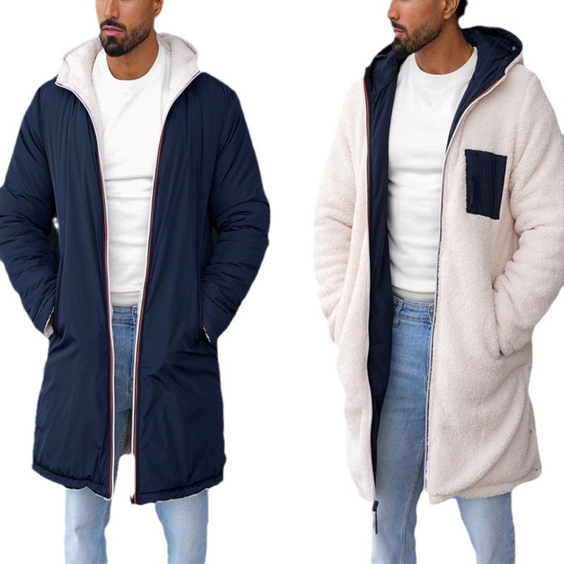 Double-sided Fall Winter Hooded Double-sided Zipper Coat Color Matching Warm Windbreaker Men's Coat - globaltradeleader