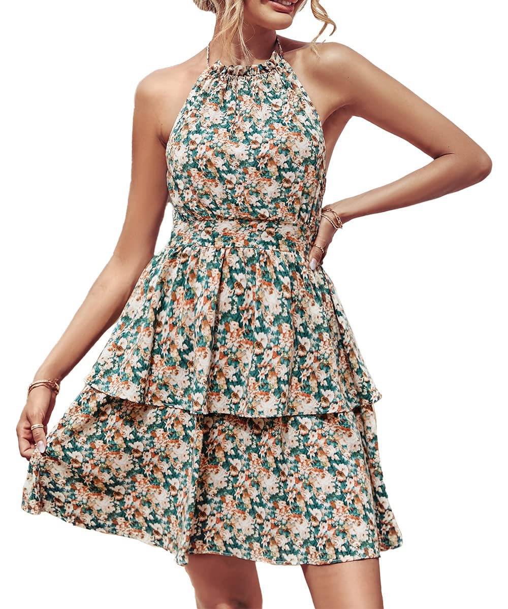 Summer Printed Halter Dress Fashion Backless Ruffled A-Line Beach Dresses For Womens Clothing - globaltradeleader