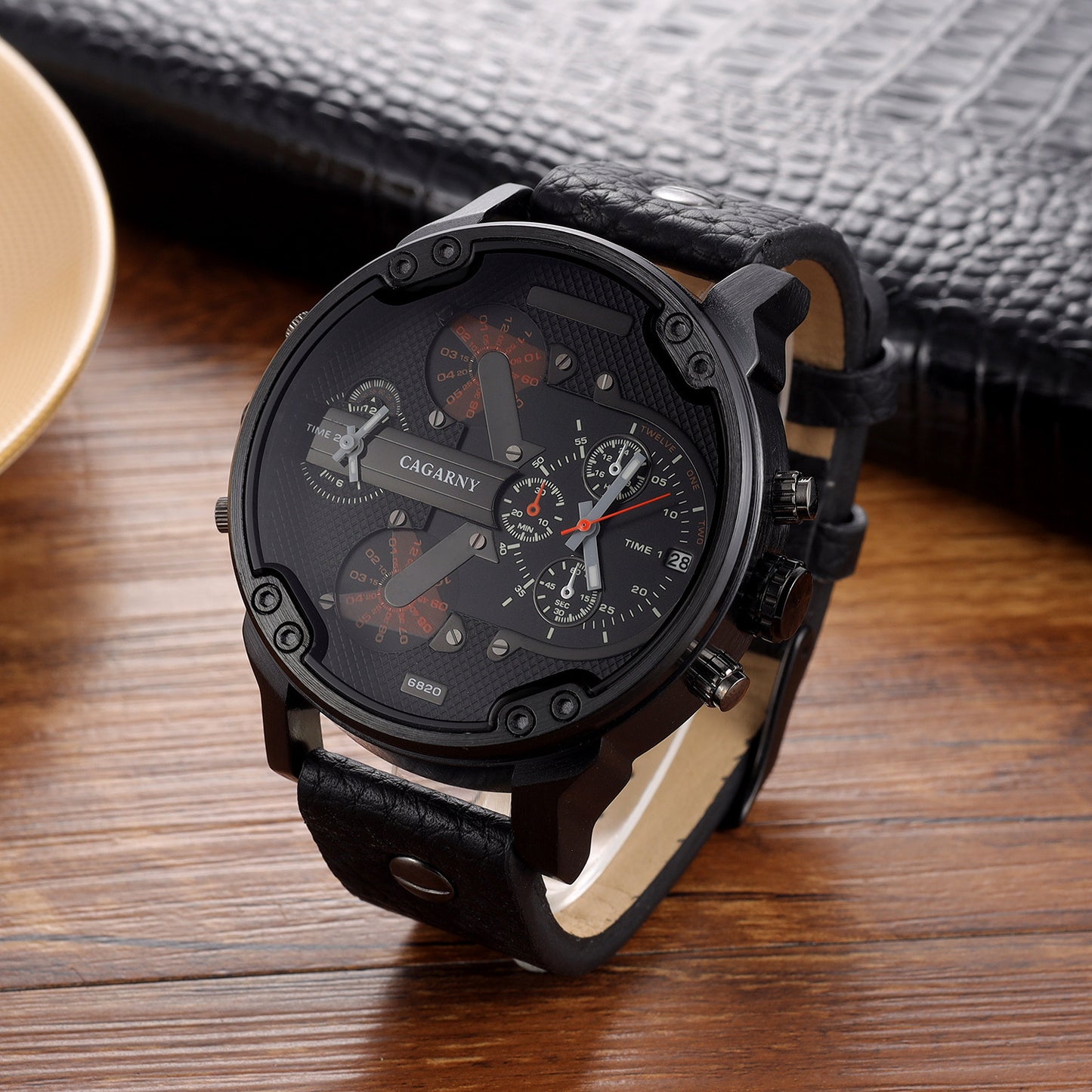 Watch Men's Quartz Watch Double Time Zone Large Dial Black Shell Leather - globaltradeleader