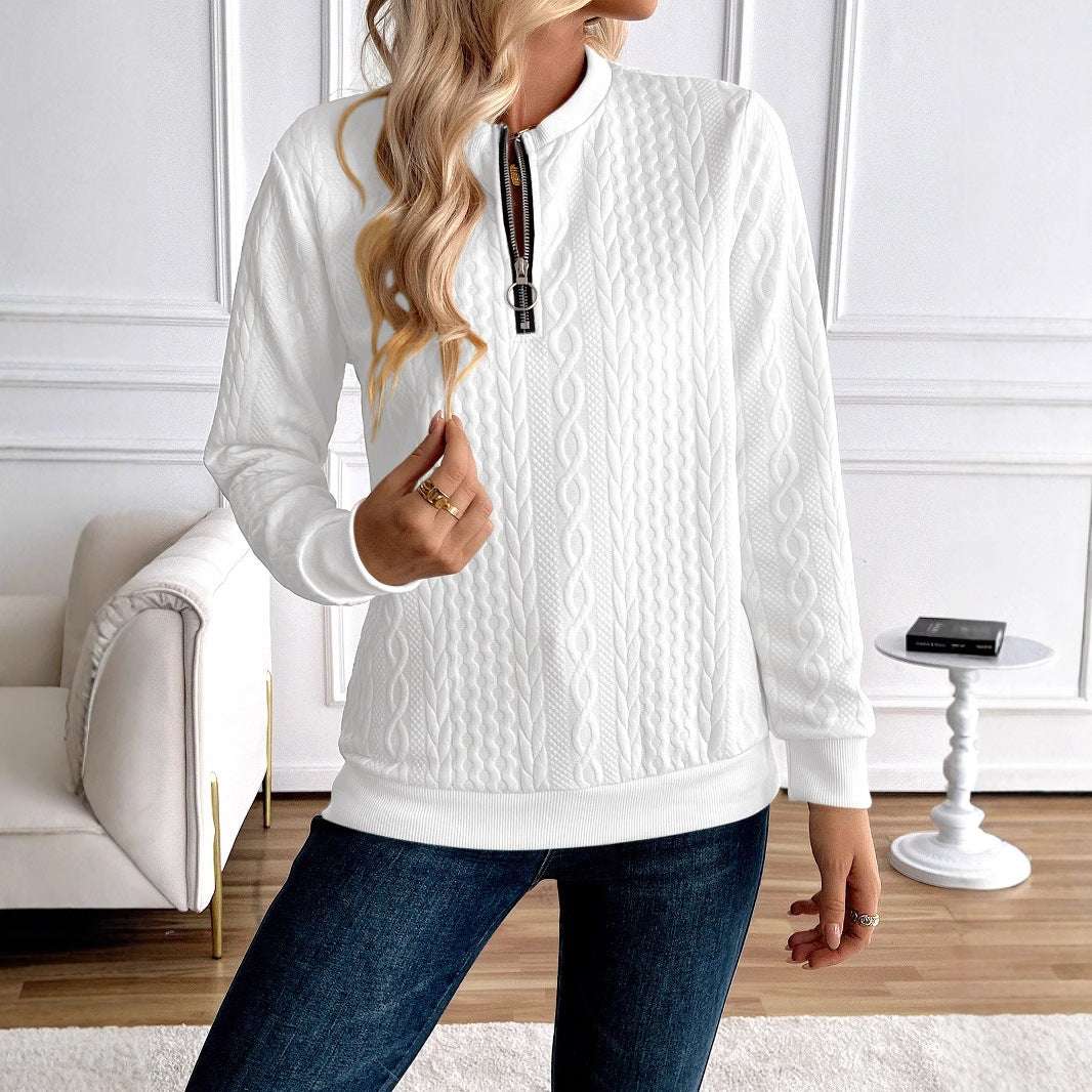 Women's Loose Casual Pullover Half Zipper Long Sleeve Solid Color Texture Round Neck Hoodie For Women - globaltradeleader