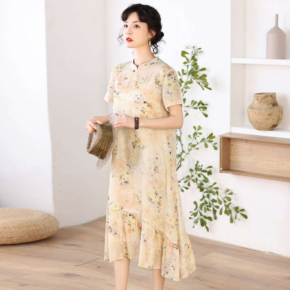 Women's Chinese Stand Collar Print Improved Cheongsam Literary Button Dress