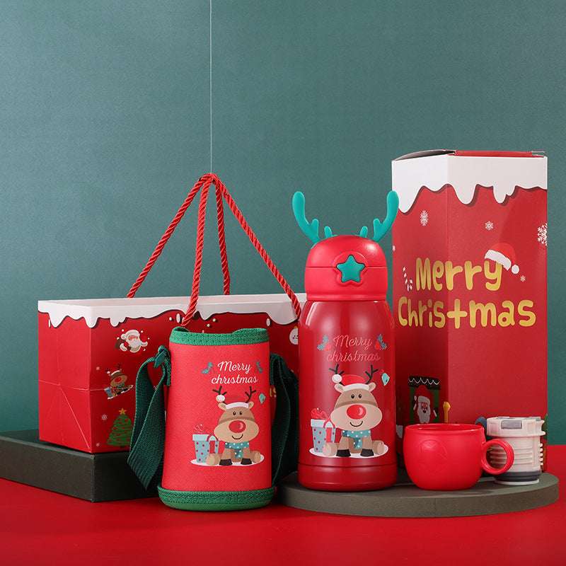 Christmas Gift Vacuum Flask Cartoon Elk Children With Cup Sleeve Bouncing Stainless Steel Double-layer Vacuum Flask