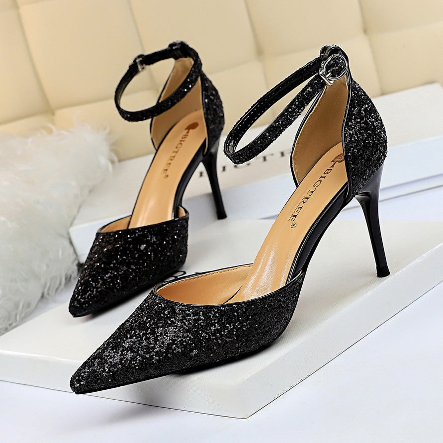 European and American style stiletto high-heeled shallow mouth pointed toe hollow sequin sexy nightclub slimming word with female sandals - globaltradeleader