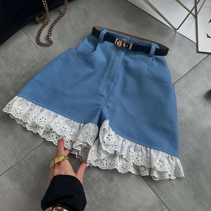 Women's High Waist Lace Stitching Shorts - globaltradeleader