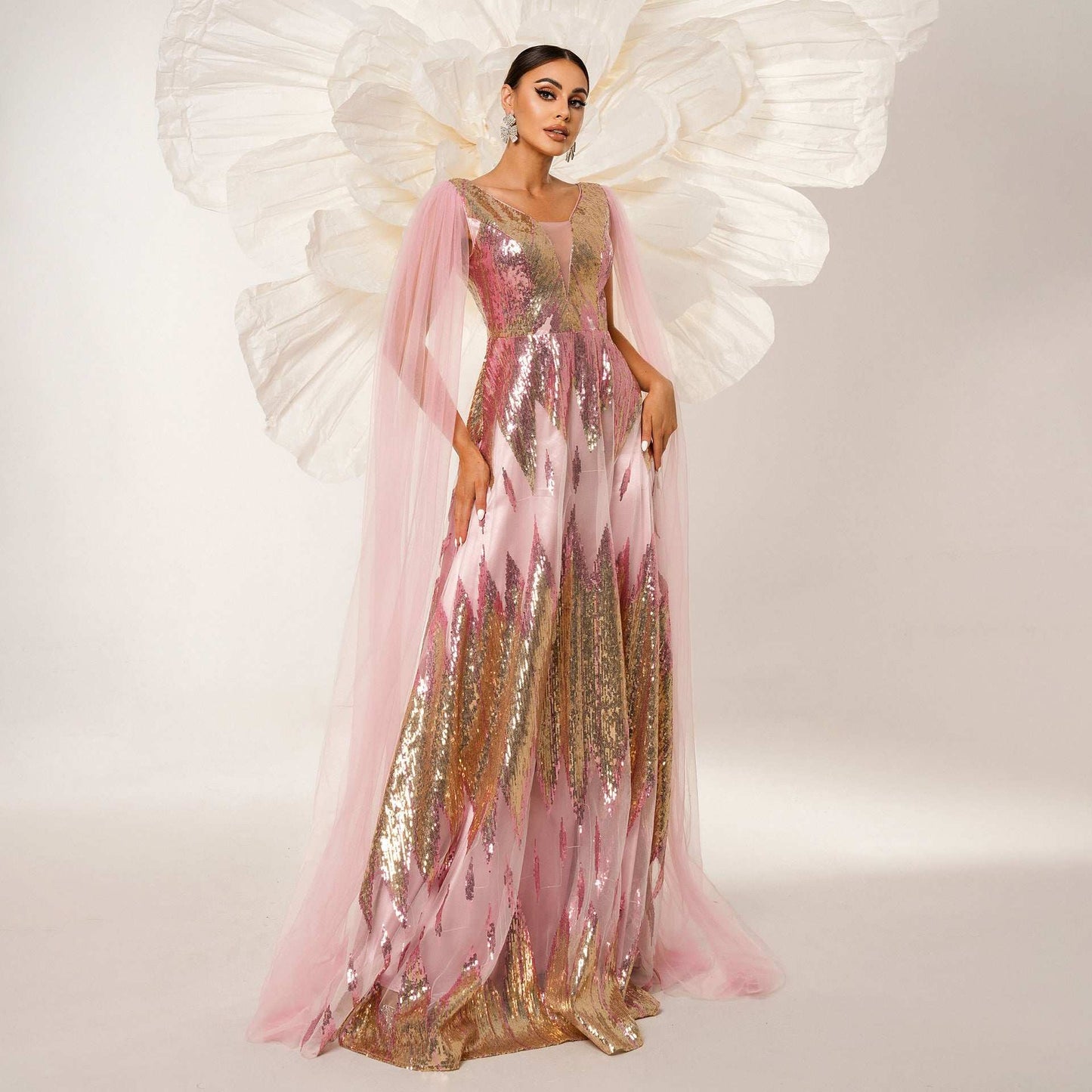 Mesh Long Sleeve V-neck Sequins Large Swing Evening Dress - globaltradeleader