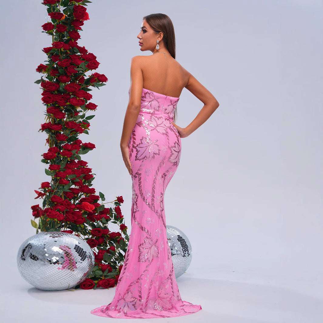 Wrapped Chest Off-neck Sheath Sequined Banquet Fishtail Evening Dress - globaltradeleader