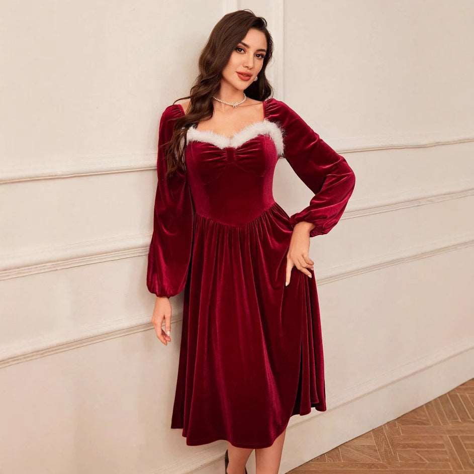 Women's Vintage Christmas Party Long Sleeve Red Dress - globaltradeleader