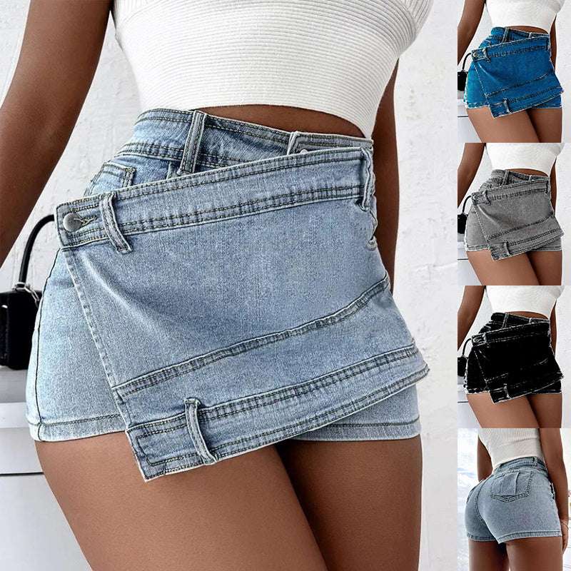 Street Vintage Denim Shorts Stretch Overlap Waist Wrap Solid Asymmetrical Hem A-Line Skinny Mini Skorts Skirt - globaltradeleader