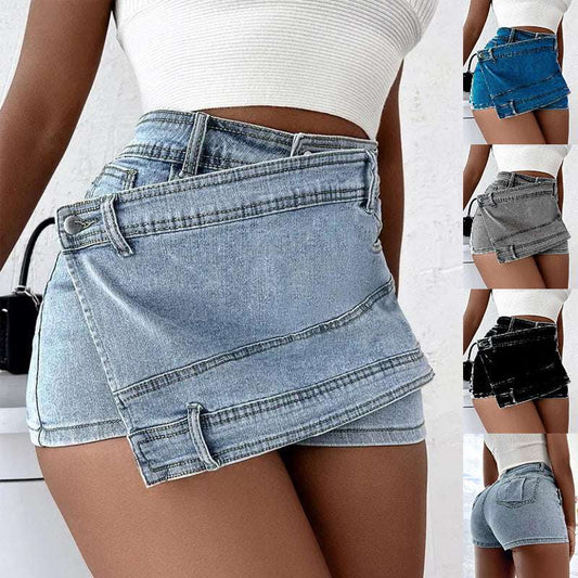 Street Vintage Denim Shorts Stretch Overlap Waist Wrap Solid Asymmetrical Hem A-Line Skinny Mini Skorts Skirt - globaltradeleader