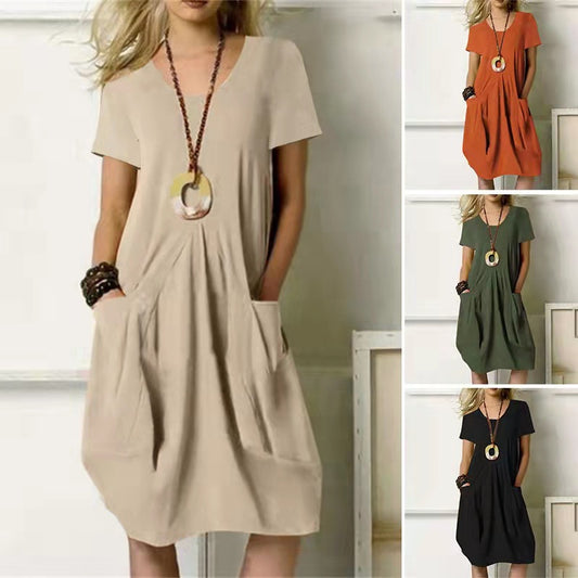 Women's Dress With Pockets Cotton Linen Solid Color Loose Round Neck Short Sleeve Dress Summer - globaltradeleader