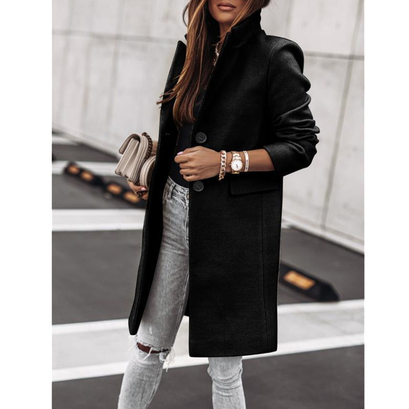 Simplicity Long Sleeve Button Woolen Coat Overcoat - globaltradeleader
