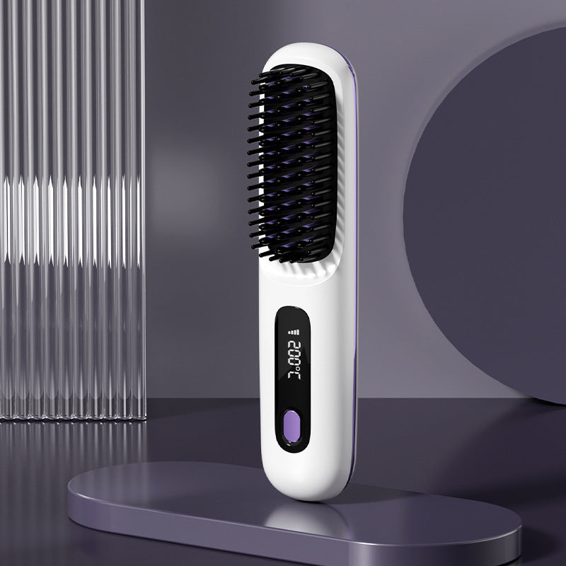 2 In 1 Straight Hair Comb Wireless Hair Straightener Brush Hair Fast Heating Portable Hot Curler USB Charging - globaltradeleader