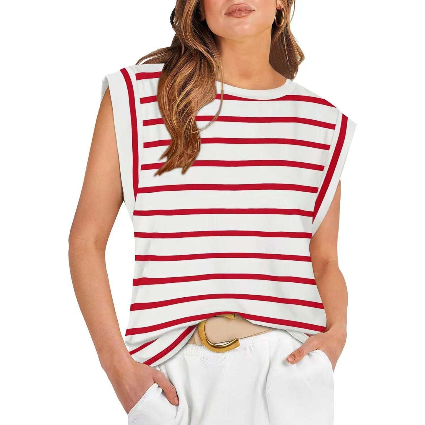 Spring And Summer New Round Neck Loose Short Sleeved T-shirt Striped Top Women's Vest - globaltradeleader