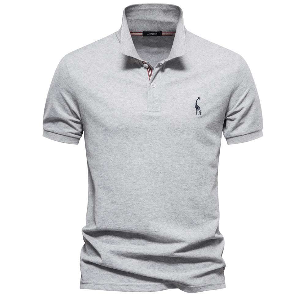 Deer Embroidered Men's T-shirt Solid Color Polo Collar Basic Style Short-sleeved Shirt Men - globaltradeleader