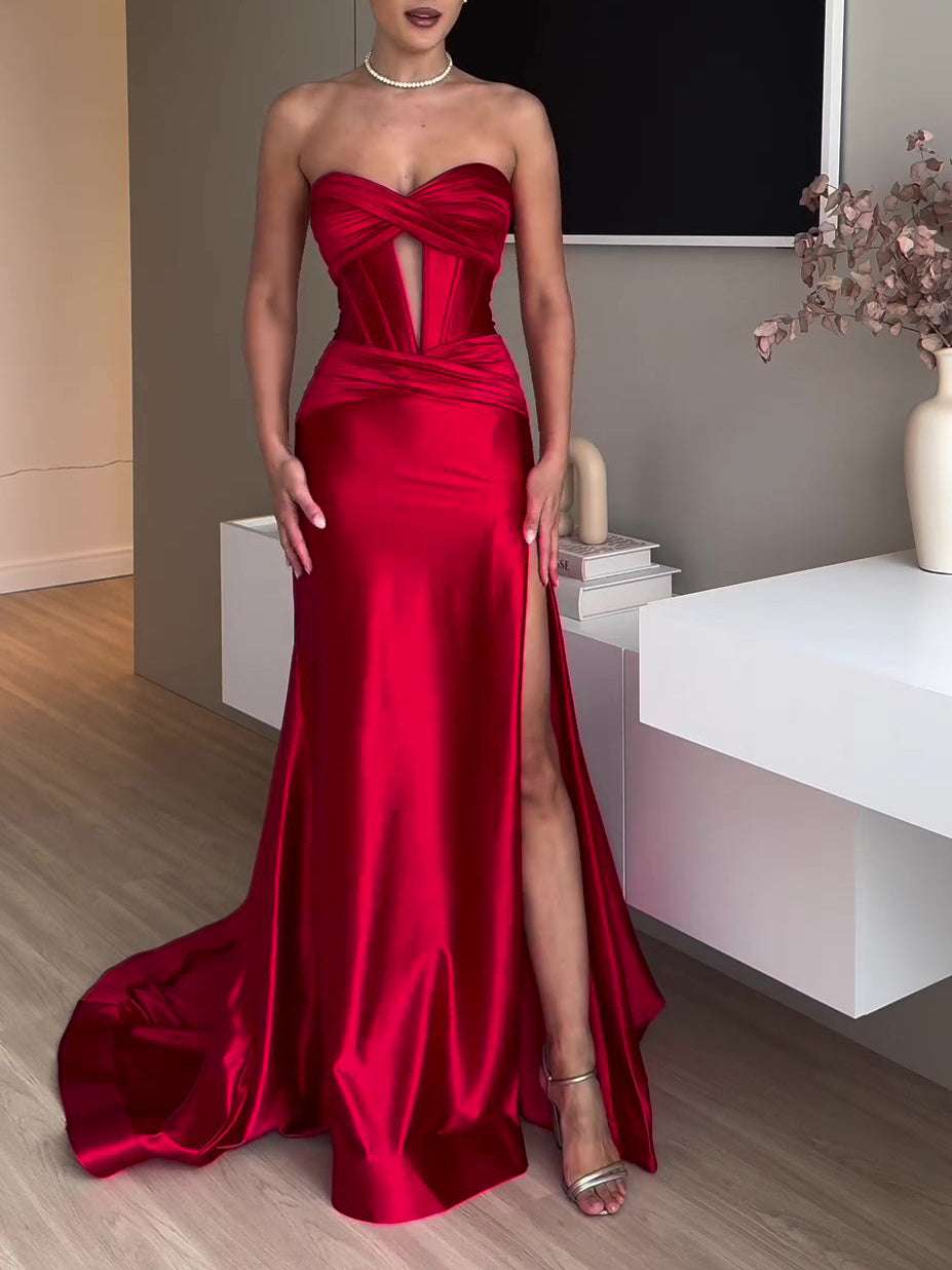Tube Top Slit Red Extra Long Evening Dress - globaltradeleader