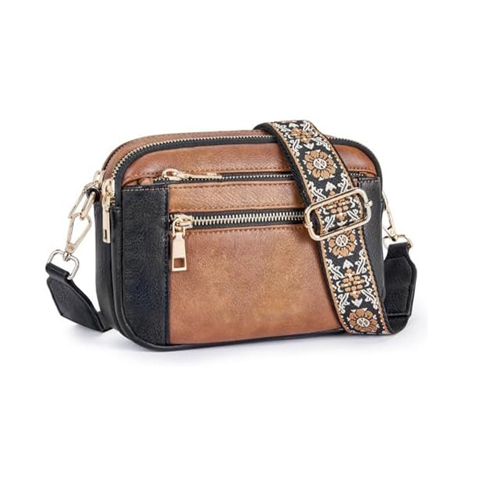 Triple-zipper Shoulder Bag With Floral Embroidered Straps Fashion Colorblock Multi-functional Crossbody Bags For Women - globaltradeleader