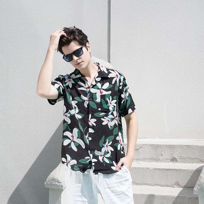 Men's Shirt Rayon Printed Cardigan Short Sleeve Beach Shirt - globaltradeleader