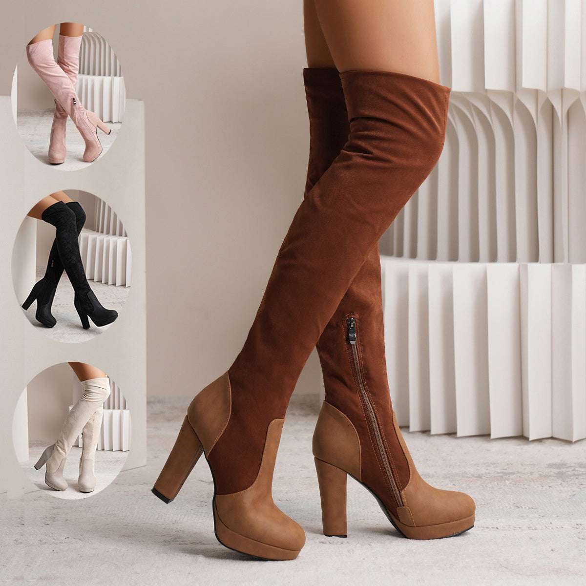 New Long Boots For Women Elastic Suede High Square Heel Over-the-knee Boots Fashion Party Shoes Winter - globaltradeleader