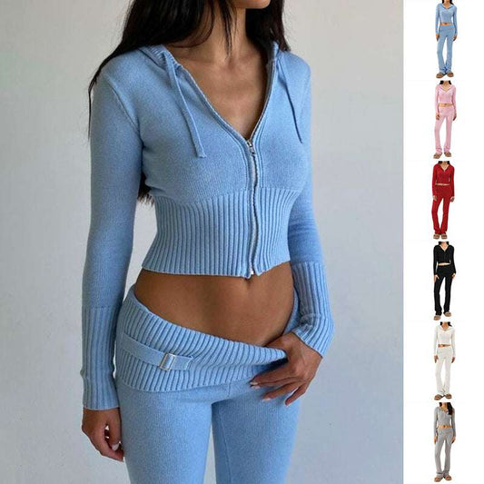 Hoodie Suit Women Leisure Sexy Zip Long Sleeve Sweater And High Waist Long Pants Set - globaltradeleader
