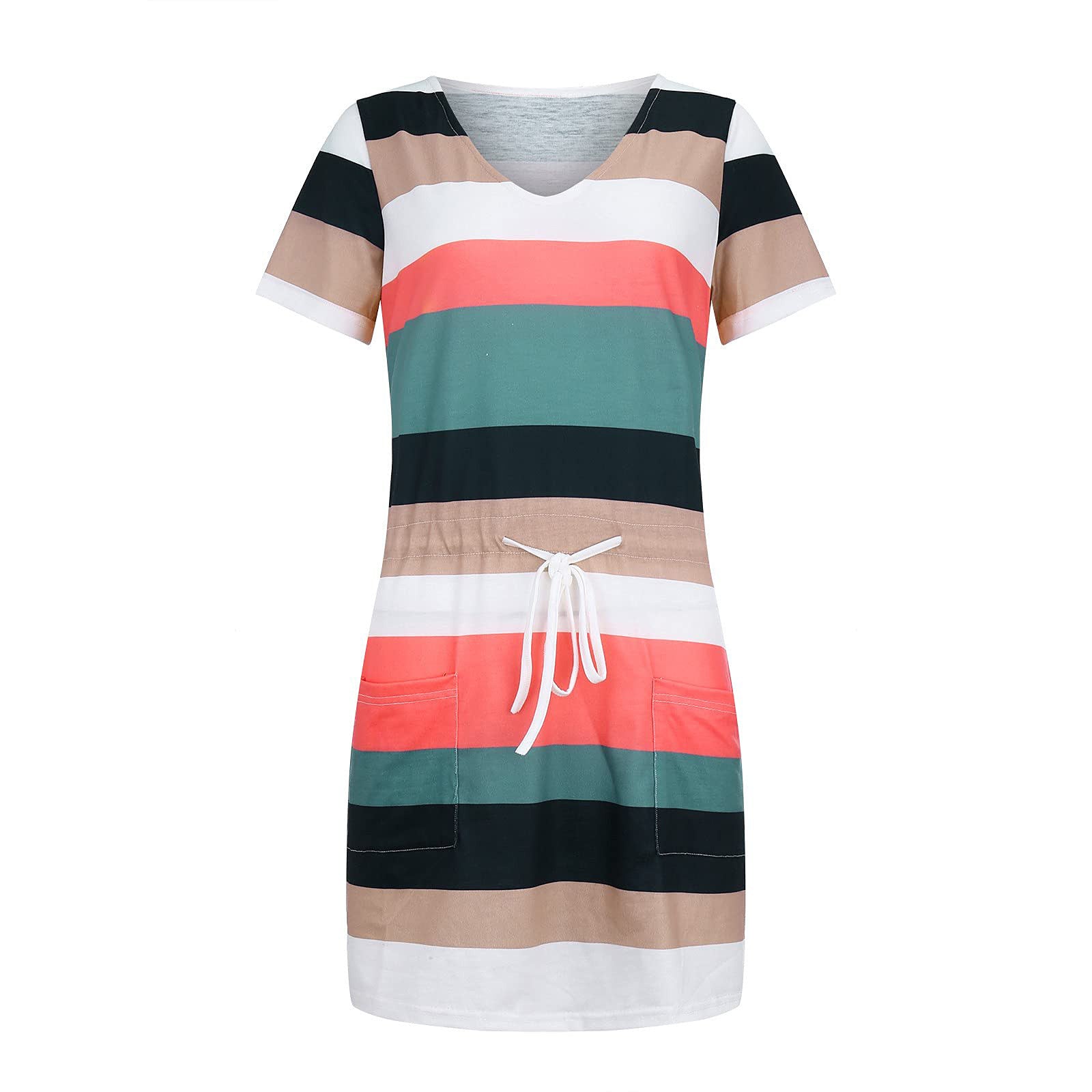 Striped Print Short-sleeved Dresses Summer Fashion V-neck Drawstring Design Short Dress Beach Womens Clothing - globaltradeleader