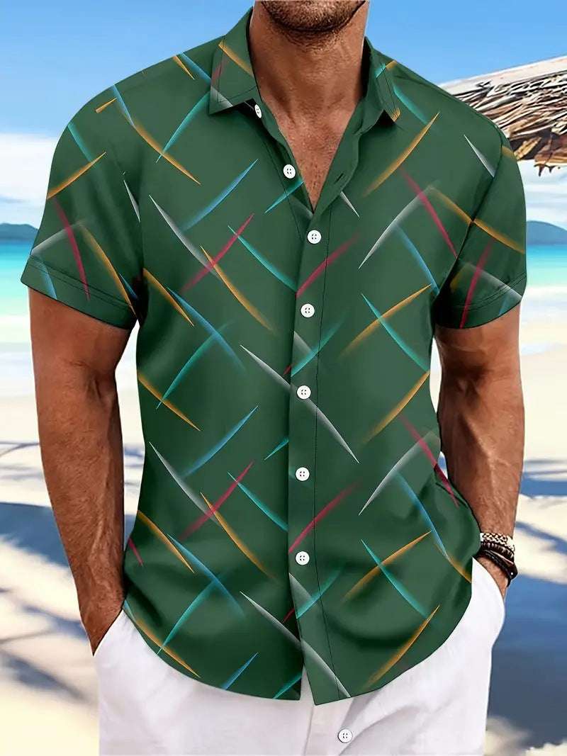 Summer New Men's Striped Feather Casual Beach Short Sleeve Button Shirt - globaltradeleader